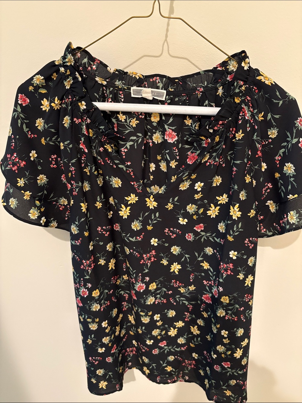 Pleione Black Floral Ruffle-Neck Blouse with Yellow & Pink Blooms
